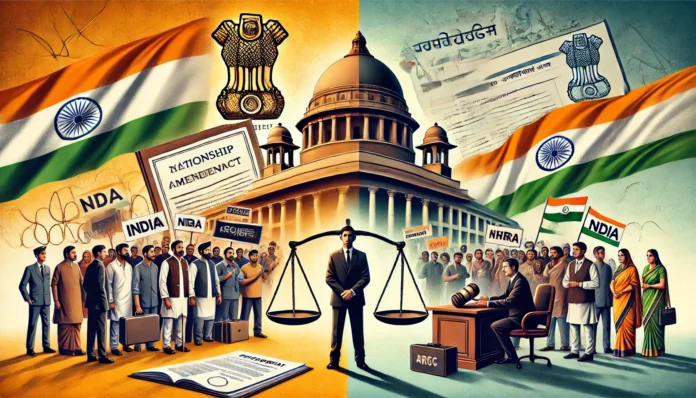 A symbolic representation of India's Citizenship Amendment Act (CAA) and National Register of Citizens (NRC) debate.